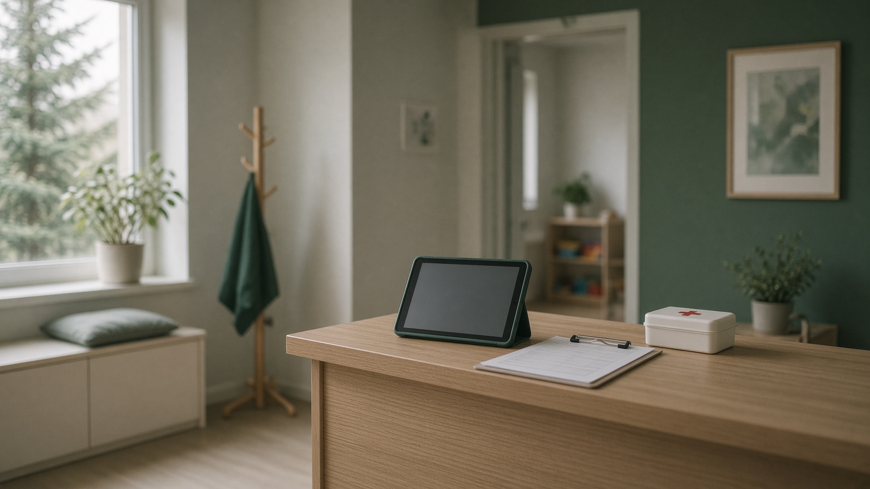 Quiet childcare centre counter at morning, tablet ready for check-in